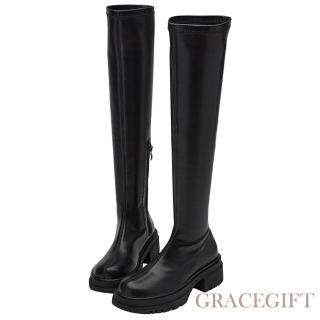 【Grace Gift】顯瘦秘訣圓頭中車線彈力厚底膝上靴(黑)