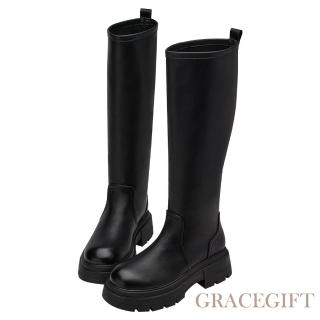 【Grace Gift】百搭人氣圓頭鬆糕厚底顯瘦長靴(黑)
