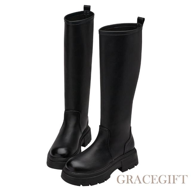 【Grace Gift】百搭人氣圓頭鬆糕厚底顯瘦長靴(黑)
