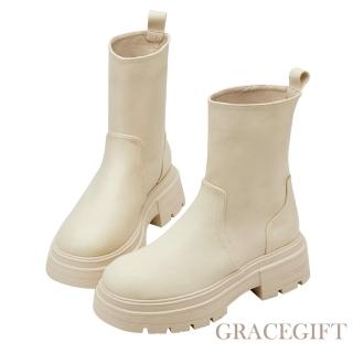 【Grace Gift】百搭人氣圓頭鬆糕厚底顯瘦短靴(米白)