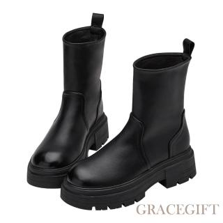 【Grace Gift】百搭人氣圓頭鬆糕厚底顯瘦短靴(黑)