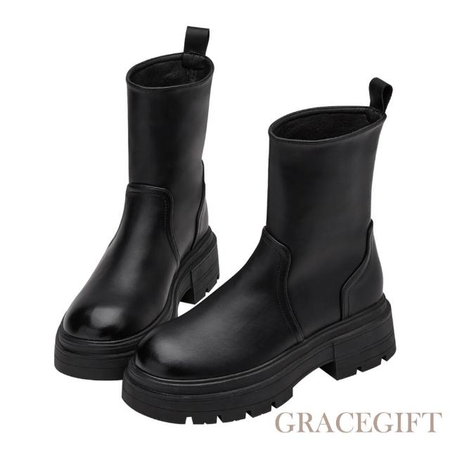 【Grace Gift】百搭人氣圓頭鬆糕厚底顯瘦短靴(黑)