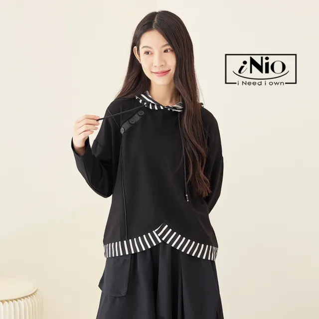 【iNio 衣著美學】長袖上衣 秋冬新品 現貨 條紋拼接 抽繩 長袖帽T(CDW1715)