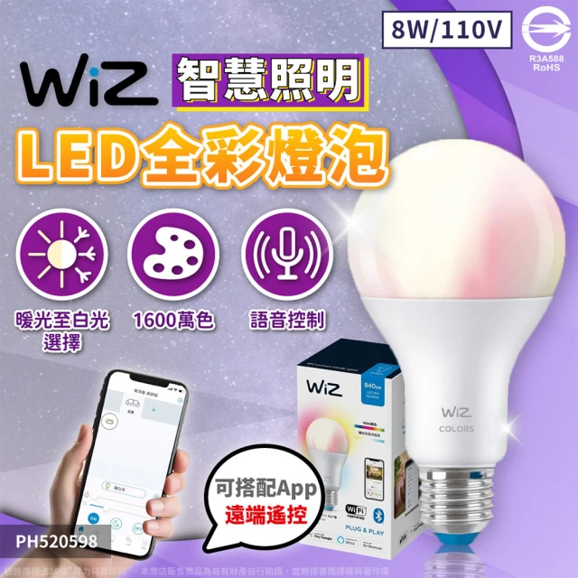 Philips 飛利浦 6入組 LED WiZ 8W LED 全彩燈泡 110V APP手機控制 調光調色 智慧照明 球泡燈(PW04N)