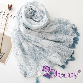 【Decoy】民族風 青花瓷風采流蘇披肩圍巾(藍色)