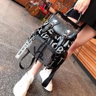 【MoonDy】包包 後揹包 牛皮包包 燙鑽雙肩包 造型包 真皮後揹包 高階感 女揹包 大容量揹包 黑色