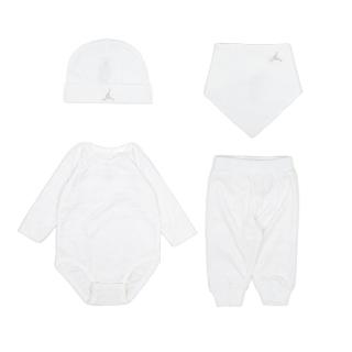 【NIKE 耐吉】包屁衣 Jordan Baby 白 嬰兒 小朋友 純棉 長袖 長褲 帽子 圍兜 禮盒(JD2343029NB-001)