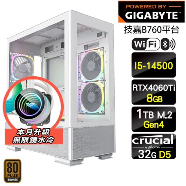 【技嘉平台】i5十四核GeForce RTX 4060Ti{水冷戰隊}WIFI電競水冷電腦(i5-14500/B760/32G D5/1TB)