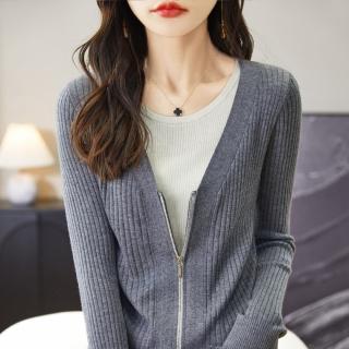 【Very Buy 非常勸敗】預購/春季精紡羊毛套頭上衣女假兩件針織衫開衫外套長袖上衣拼色毛衣