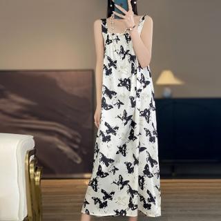 【Very Buy 非常勸敗】預購/真絲緞面春夏女U領長款洋裝碎花時尚氣質長裙無袖吊帶