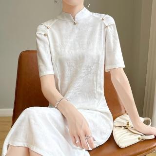 【Very Buy 非常勸敗】預購/中式緞面醋酸春夏季女V領中長款修身套頭國風新中式旗袍