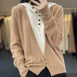 【Very Buy 非常勸敗】預購/歐美拼色假兩件連帽羊毛針織衫女春秋薄款棉質上衣寬鬆百搭羊毛內搭上衣