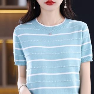 【Very Buy 非常勸敗】預購/棉線針織短袖T恤女夏季條紋寬鬆休閒圓領短袖拼色歐美百搭上衣潮