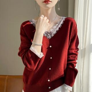 【Very Buy 非常勸敗】預購/氣質減齡蕾絲花邊款時尚女士安迪絨針織衫單排珍珠扣套頭上衣