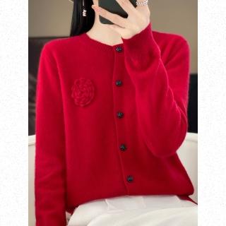 【Very Buy 非常勸敗】預購/玫瑰繡花圓領羊毛開衫女春秋款時尚百搭羊絨針織上衣舒適親膚外套