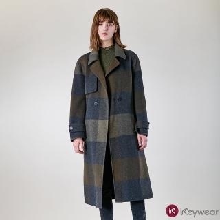 【KeyWear 奇威名品】格紋翻領羊毛長大衣