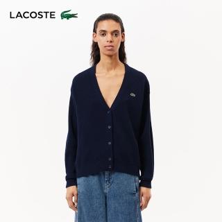【LACOSTE】女裝-V領羊毛開襟衫(海軍藍)