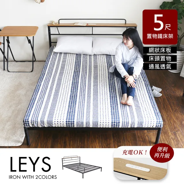 【H&D 東稻家居】里斯日系工業風雙人5尺USB插座床架 鐵床架(標裝雙人 含充電座)