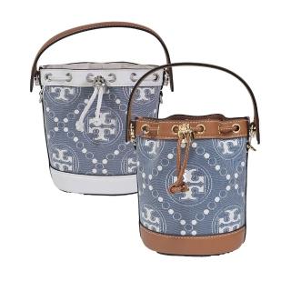 【TORY BURCH】TB T Monogram 專櫃款 丹寧藍手提斜背兩用束口小水桶包(贈原廠防塵袋紙袋 聖誕節交換禮物)