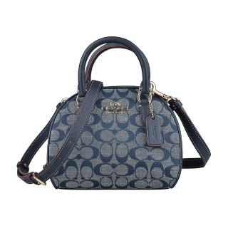 【COACH】COACH SYDNEY C字緹花布金屬馬車LOGO 搭皮革手提斜背兩用保齡球包(單寧藍)