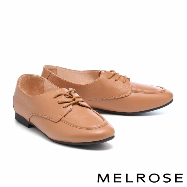 MELROSE 美樂斯 紳士品味純色綁帶摔紋牛皮低跟鞋(棕)