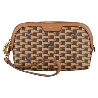【BALLY】BALLY Pennan金字LOGOt三角旗印花塗層皮革皮革邊飾手拿包(棕x褐)