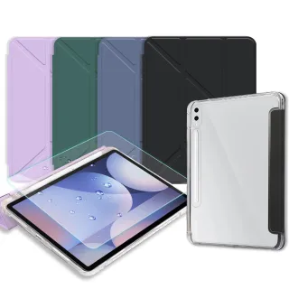 【VXTRA】三星 Galaxy Tab S10+/S9+ 12.4吋 軍事防摔級 Y折晶透背蓋立架皮套+9H玻璃貼(合購價)