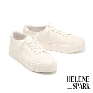 【HELENE SPARK】日常百搭彈力鞋帶全真皮奶油餅乾厚底休閒鞋(白)