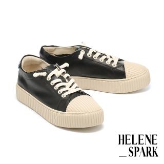 【HELENE SPARK】日常百搭彈力鞋帶全真皮奶油餅乾厚底休閒鞋(黑)