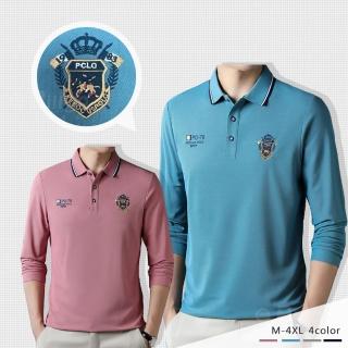 【Billgo】*現貨*徽章刺繡透氣長袖POLO衫-4色 M~4XL 皇家盾牌秋冬翻領棉質男上衣(百搭、休閒)
