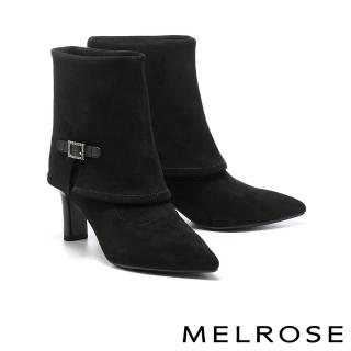 【MELROSE】美樂斯 輕奢時髦晶鑽方釦彈力麂布尖頭高跟短靴(黑)