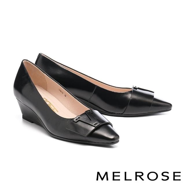 MELROSE 美樂斯 典雅氣質V字釦寬帶全真皮楔型高跟鞋 黑