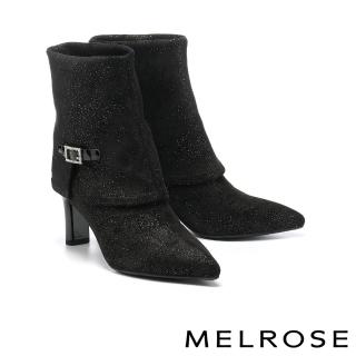 【MELROSE】美樂斯 華麗時髦晶鑽方釦銀蔥彈力麂布尖頭高跟短靴(黑)
