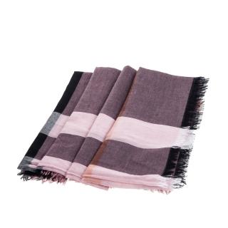 【BURBERRY 巴寶莉】經典格紋流蘇方形羊毛混紡圍巾(紫灰色/140*140)
