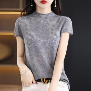 【Very Buy 非常勸敗】預購/蕾絲鏤空短袖女薄款夏季時尚短袖女半高領浮雕背心T恤衫