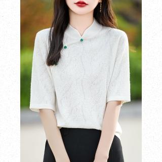 【Very Buy 非常勸敗】預購/夏季提花復古旗袍領針織短袖女蠶絲羊毛新中式短袖T恤女