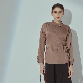 【MASTINA】綁帶造型收腰長袖襯衫(綠 卡)