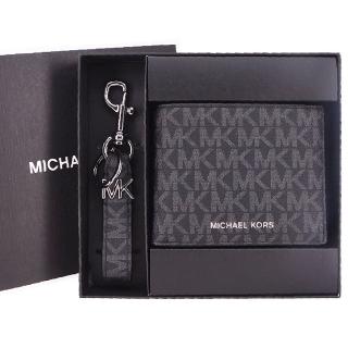 【Michael Kors】紳士風 男士 GIFTING系列 防刮皮革 6卡 鑰匙圈 短夾 禮盒(字母黑)