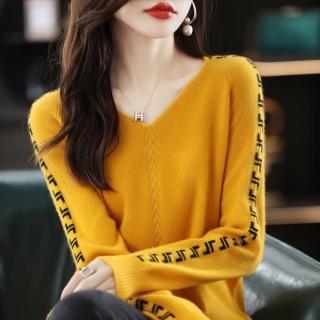 【Very Buy 非常勸敗】預購/V領羊毛衫女拼色針織內搭上衣秋冬款百搭羊毛衣針織衫歐美上衣