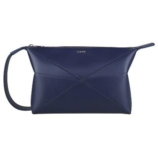 【LOEWE 羅威】LOEWE Puzzle銀字燙印LOGO小牛皮幾何線條手拿盥洗包(藍)
