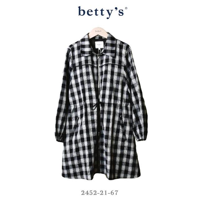 【betty’s 貝蒂思】格紋腰間抽繩翻領長版外套(黑色)