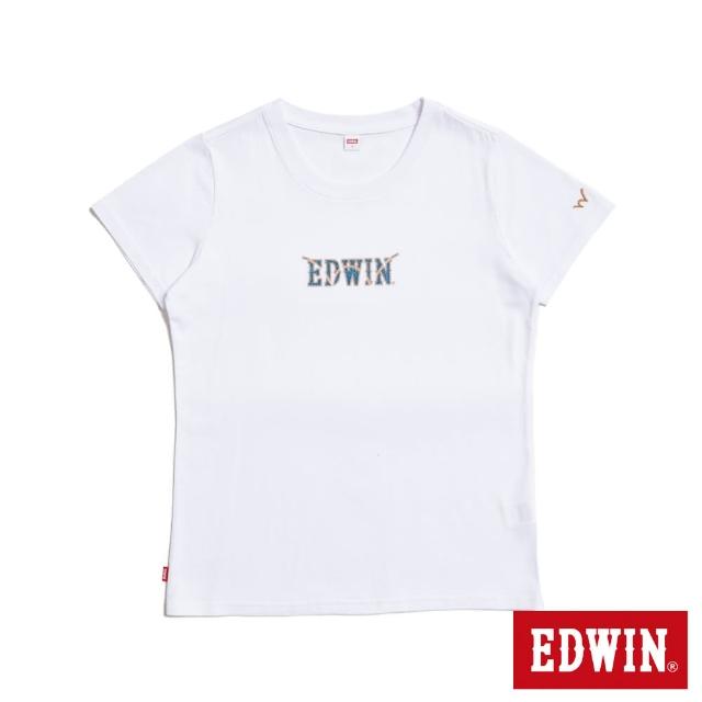 【EDWIN】女裝 牛仔布LOGO短袖T恤(白色)