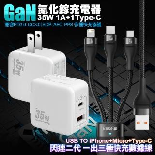 【VOORCA】精裝1C+1A孔35W氮化鎵充電器白+倍思 閃速二100W 一出三快速充電線120cm