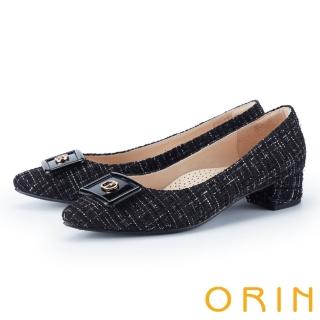 【ORIN】氣質小香風毛呢方釦低跟鞋(黑色)