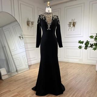 【女神婚紗禮服】輕奢優雅閃亮貼金西裝緞面料高領長袖黑禮服LA72354鎏金黑(派對主持晚會 拉鍊款晚禮服)