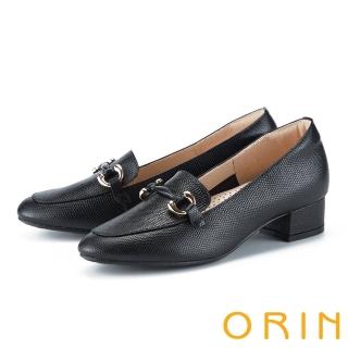 【ORIN】壓紋牛皮馬銜釦中跟樂福鞋(黑色)