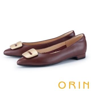 【ORIN】時髦金屬方牌尖頭低跟鞋(酒紅)