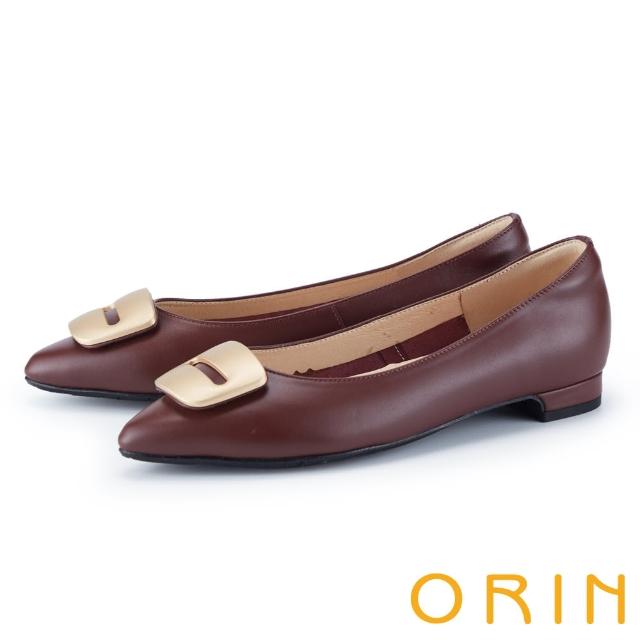 【ORIN】時髦金屬方牌尖頭低跟鞋(酒紅)