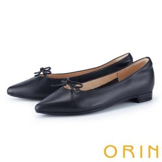 【ORIN】繫帶蝴蝶結牛皮尖頭低跟鞋(黑色)