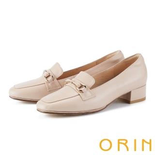 【ORIN】手工縫線牛皮飾釦中跟樂福鞋(粉色)
